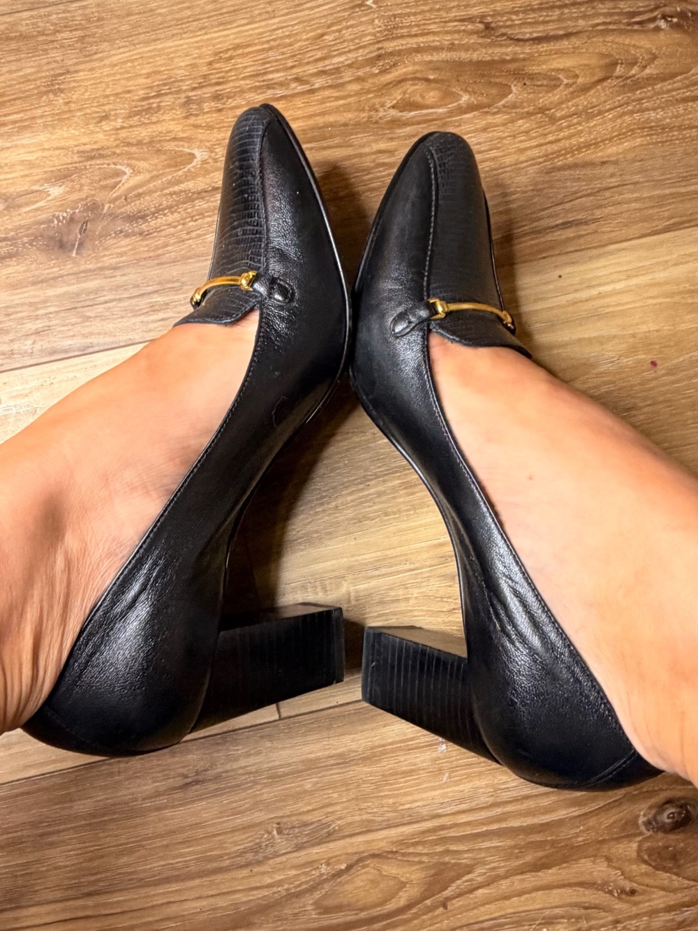 Vintage 1990s Etienne Aigner Ritual Black Leather Loafer Pumps Gold Horsebit